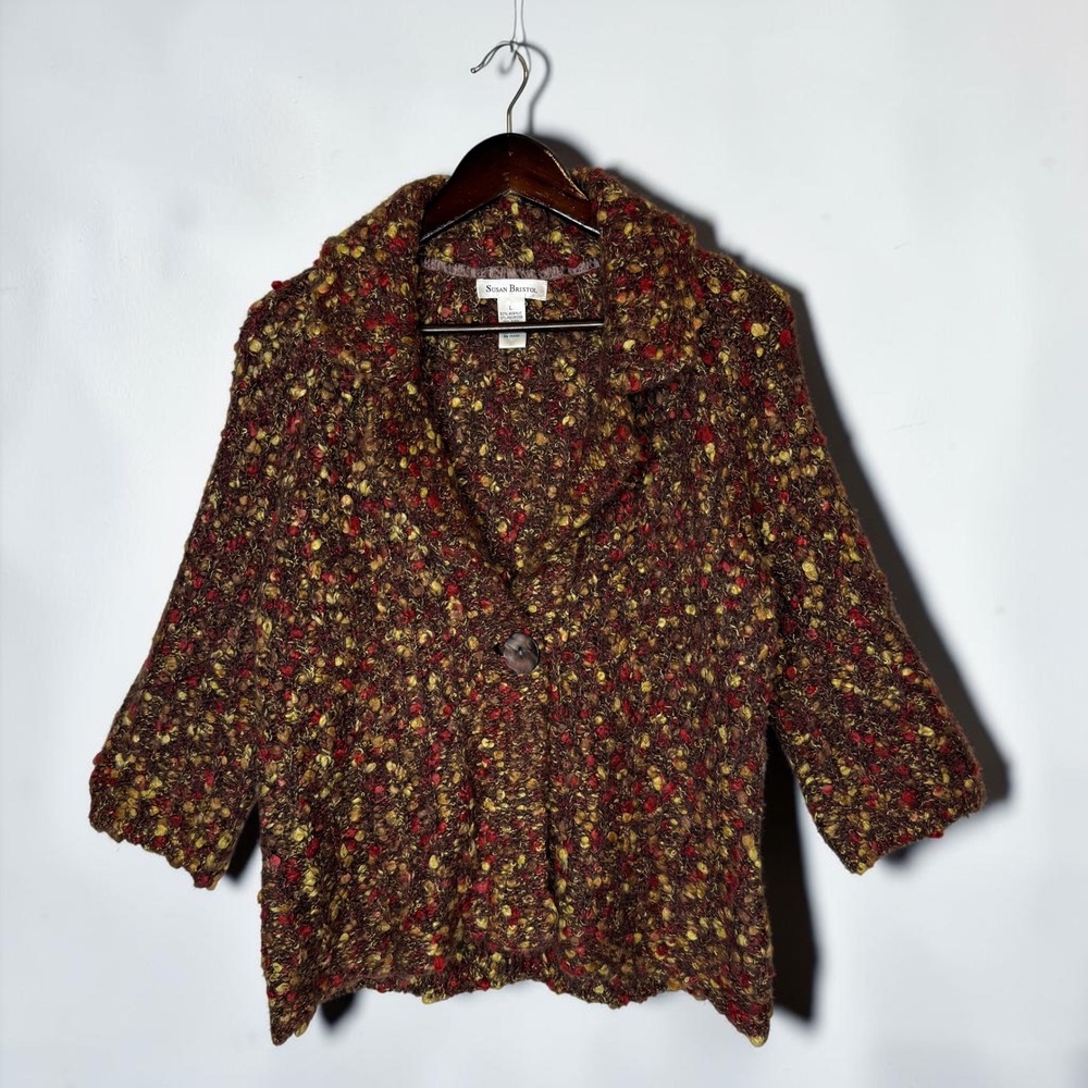 Susan Bristol Vintage Cardigan Sweater Brown 3/4 Sleeve Wool Alpaca size Large